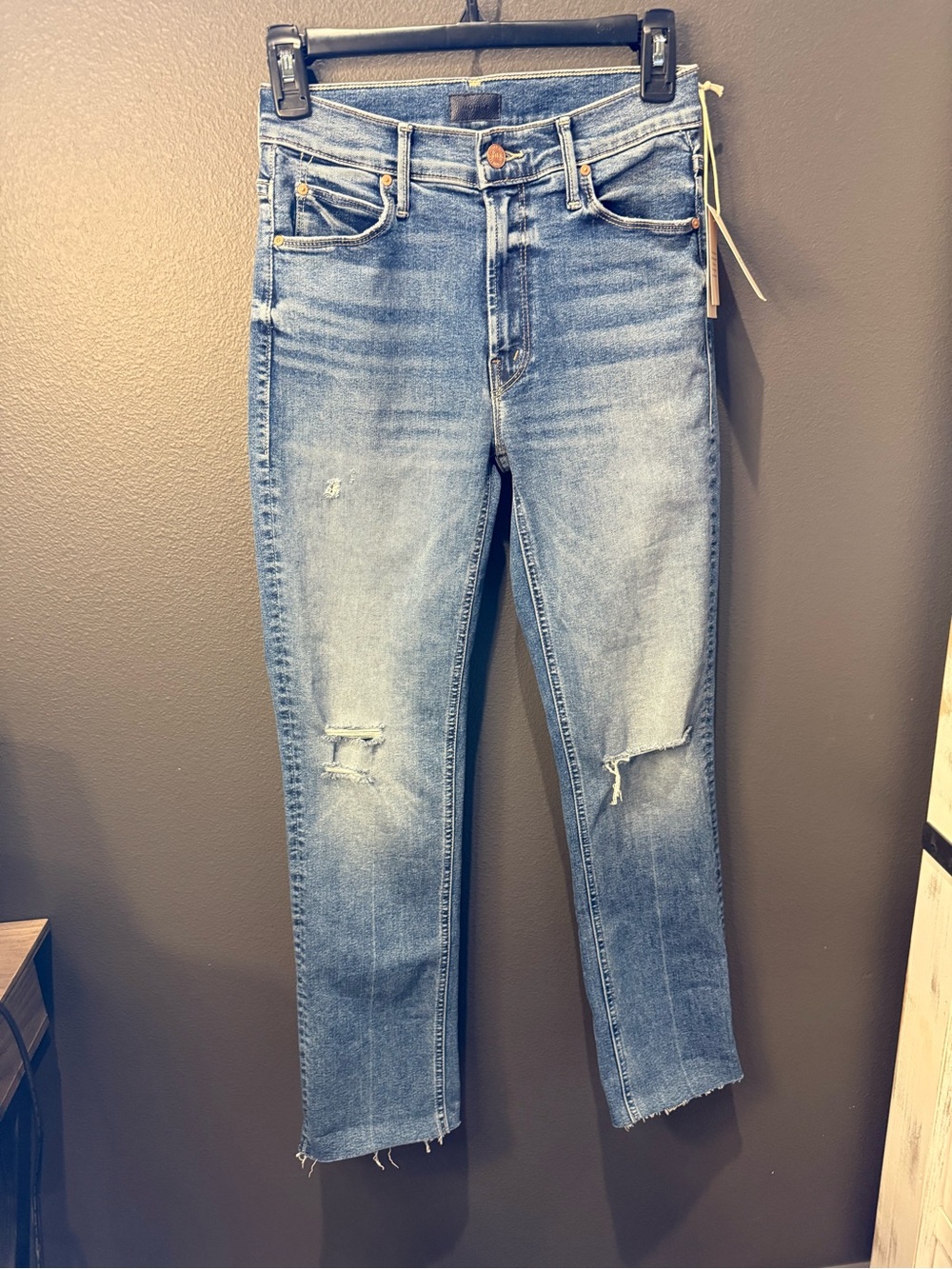 MOTHER Light Blue Distressed Cropped Ankle Jeans